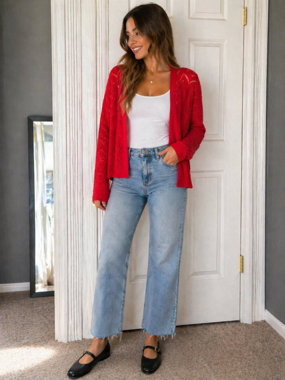 Red Open Knit Cardigan Sweater, Lightweight Layering Top, Casual Everyday Cardig